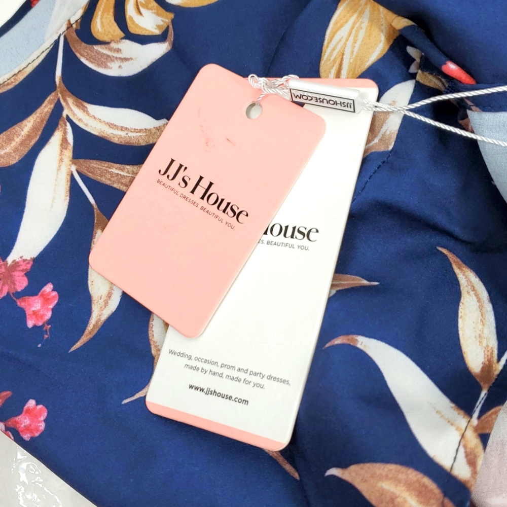 JJs House Navy Floral Midi Dress 12 NWT Ruffle Wrap Tropical Wedding Guest - Picture 11 of 12